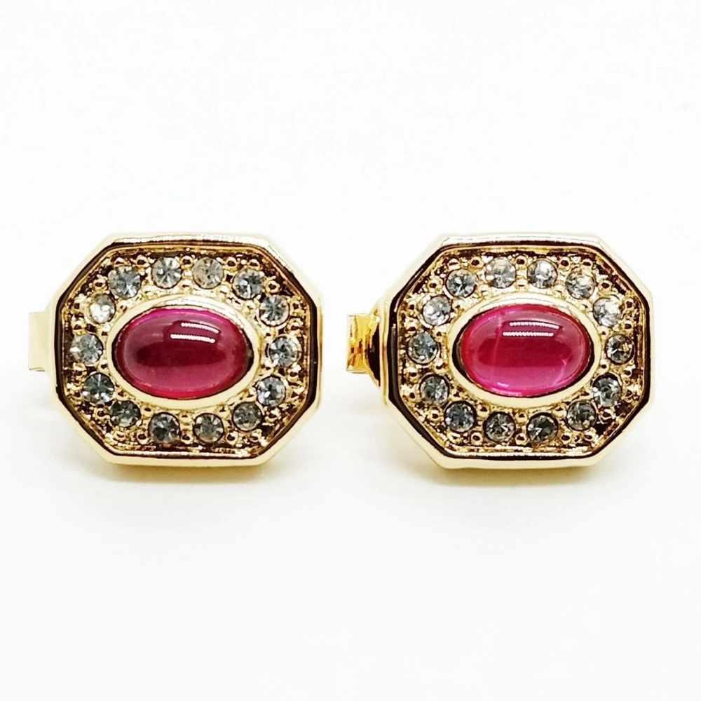 SOLD Vintage Christian Dior Oval Red Swirly Glass Gold Pentagon Clip Earrings
